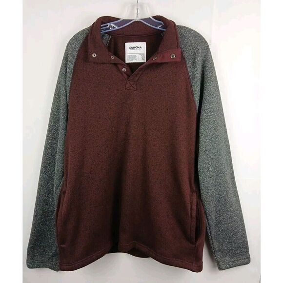 Sonoma  1/4 Snap Button Up Long Sleeve Pullover Sweater Mens XL Maroon/Gray - Picture 1 of 9